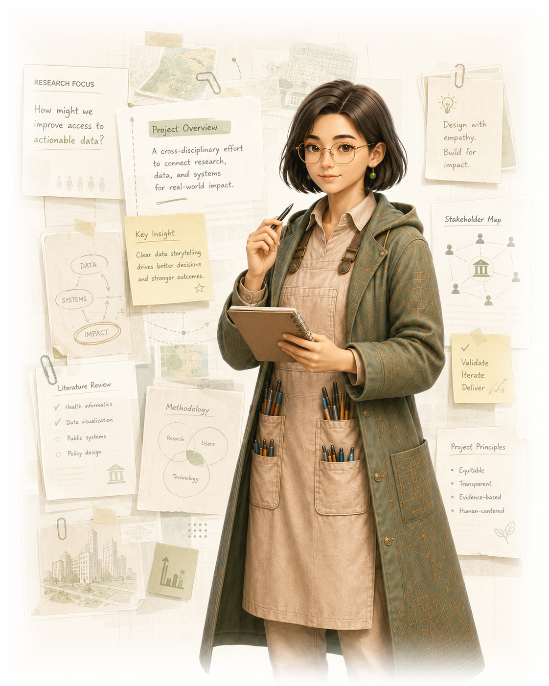 Illustrated research wall with project notes, data maps, and a project strategist
